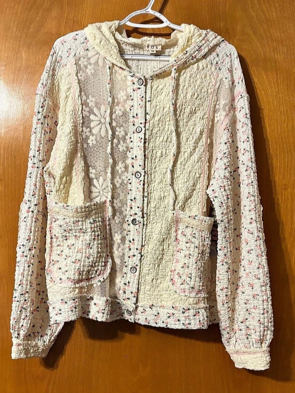 POL Floral Lace Patchwork Button-Up Hoodie Cream & Pink Medium
